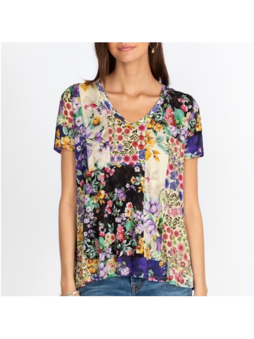 Johnny Was Janie Favorite Short Sleeve V-Neck Swing Sky Flower V-Neck Shirt Tee